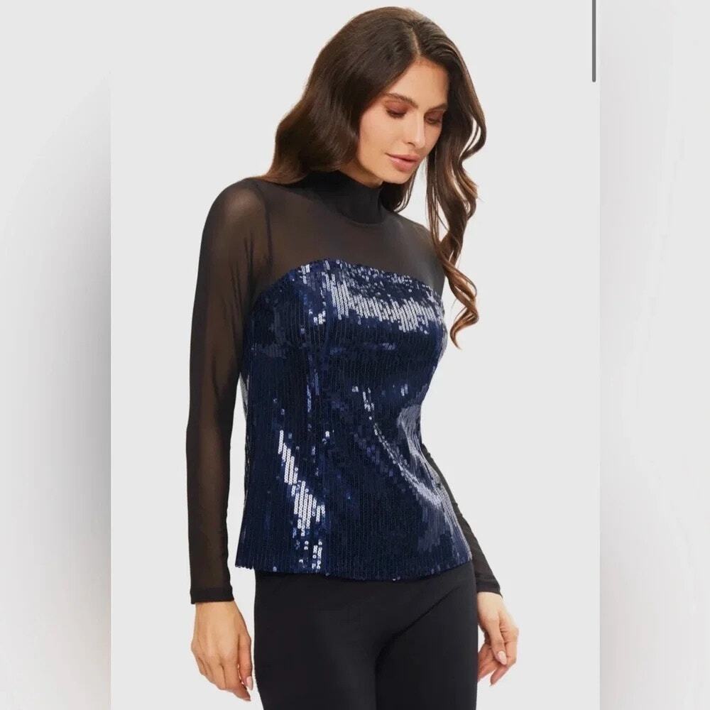 Anthropologie Maeve Women's Black Mesh Blue Sequin Long Sleeve Top Size Medium